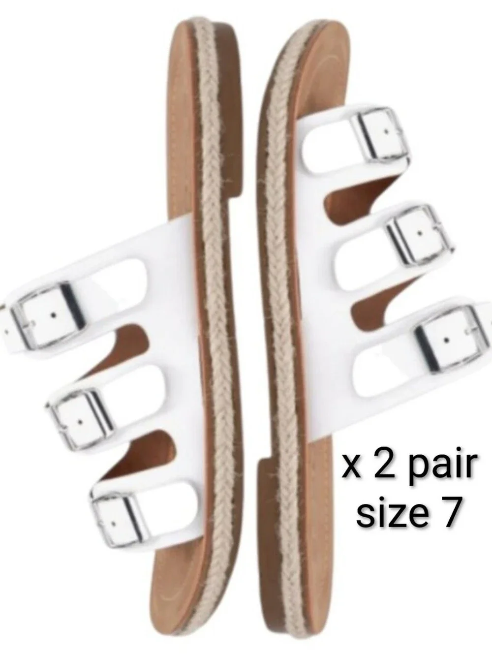 Two Pair Of Size 7 Soda White Triple Strap Sandals Buckle Slide Flat Sandals